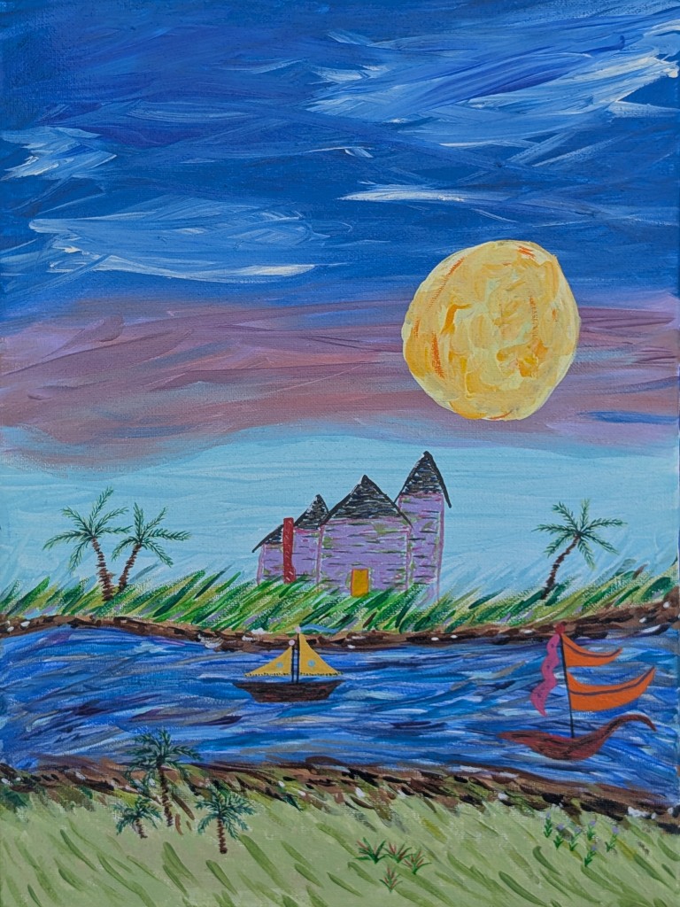 lavender shack on a river with sailboats and palm trees and sun overhead