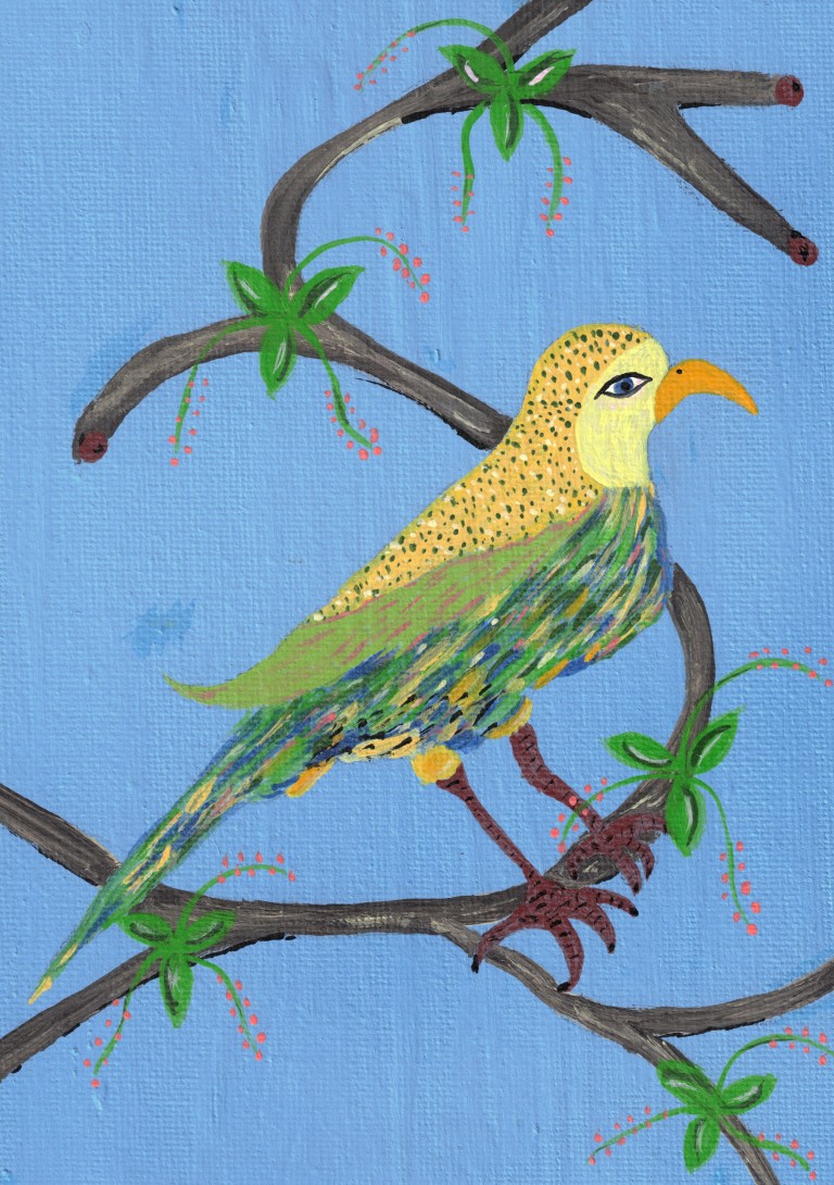 yellow crested bird with orchids on a branch with a blue background