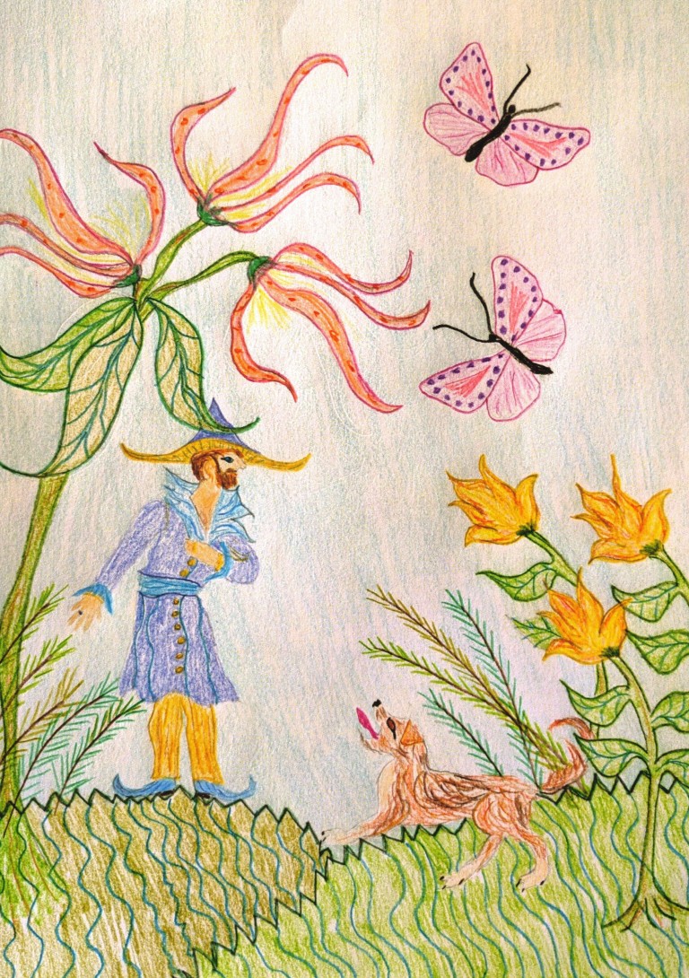 man in pointed hat and shoes playing with a dog in the undergrowth of an oversized garden